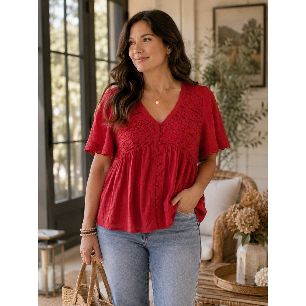 Nurture by Westbound Petites Red Eyelet Babydoll Top PL Rayon Boho Blouse